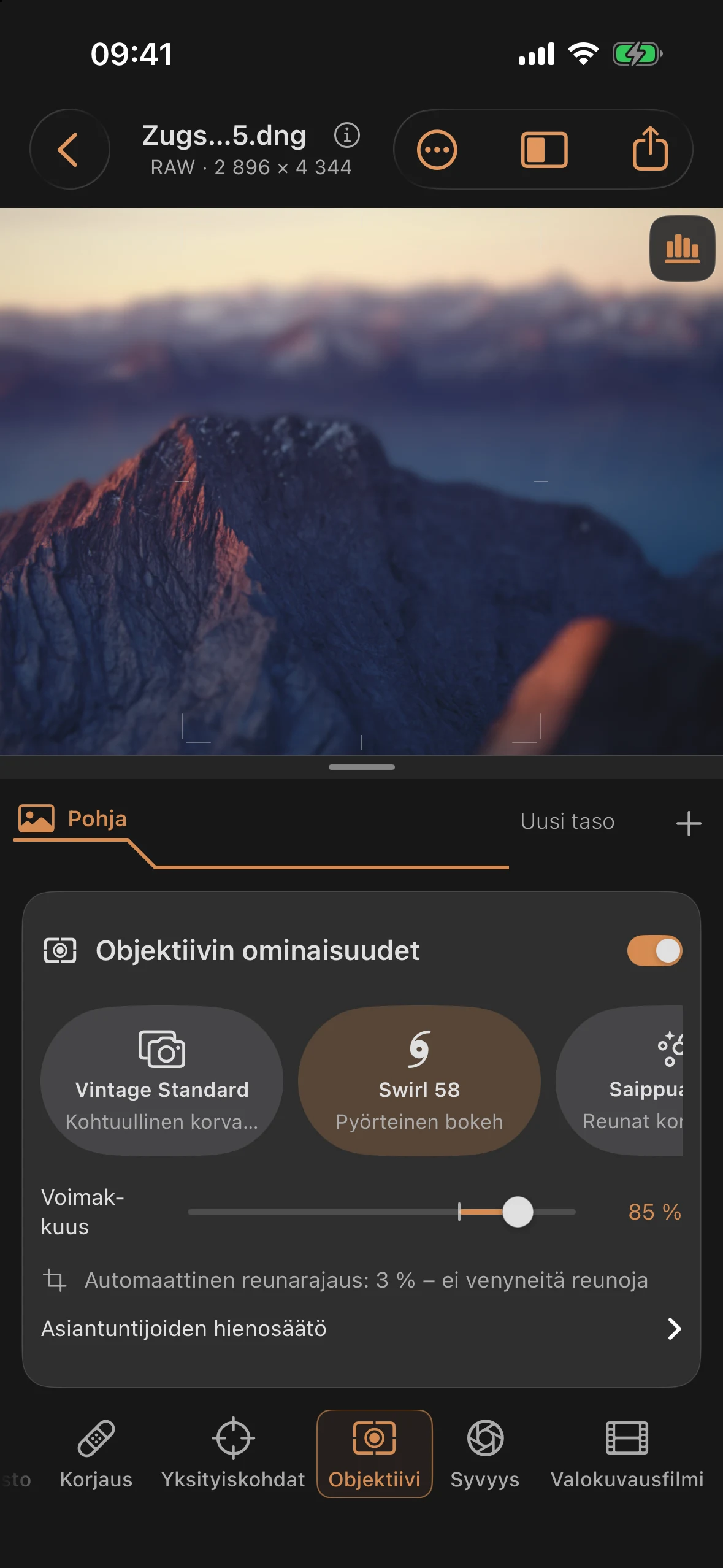 Objektiivi: simuloidut objektiivin ominaisuudet