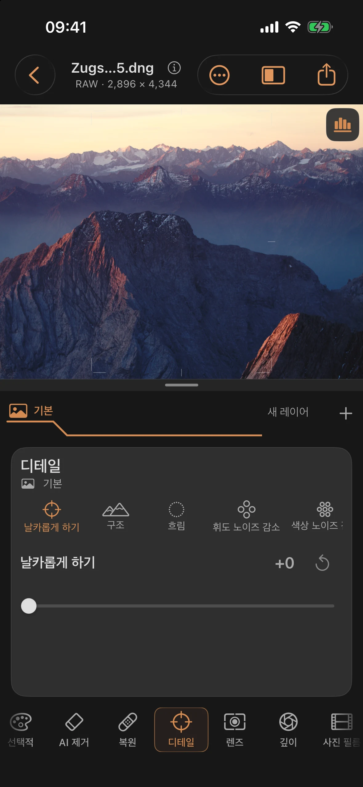 디테일: 선명하게 하기, 노이즈 줄이기 및 흐림 효과