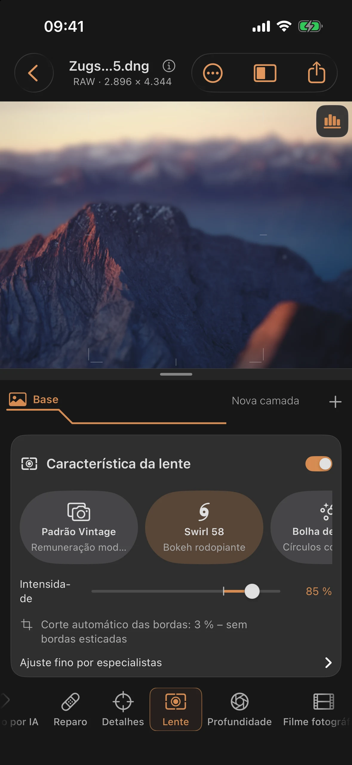Lente: características simuladas das lentes