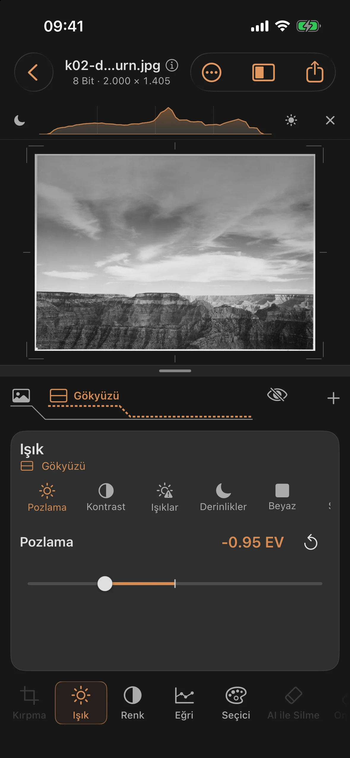 Işık aracında −0,95 EV pozlamalı aktif gökyüzü maskesi