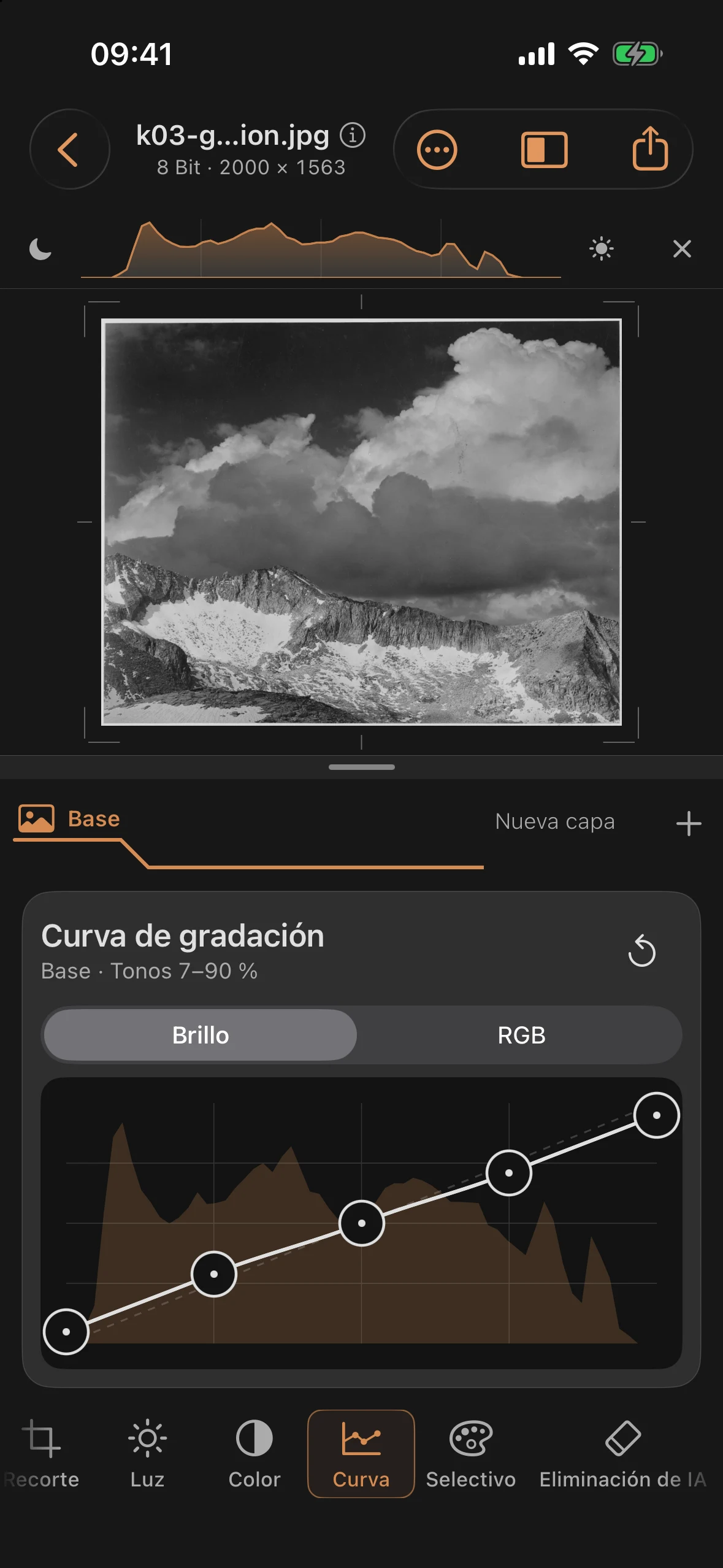 Curva de gradación atenuada; la imagen se ve difuminada y grisácea