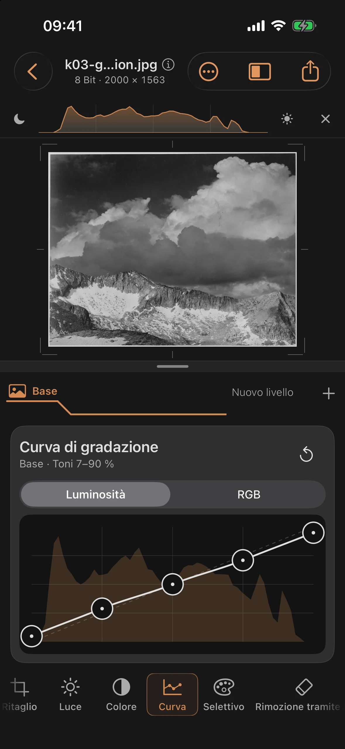 Curva di gradazione appiattito, l'immagine appare sfocata e grigia
