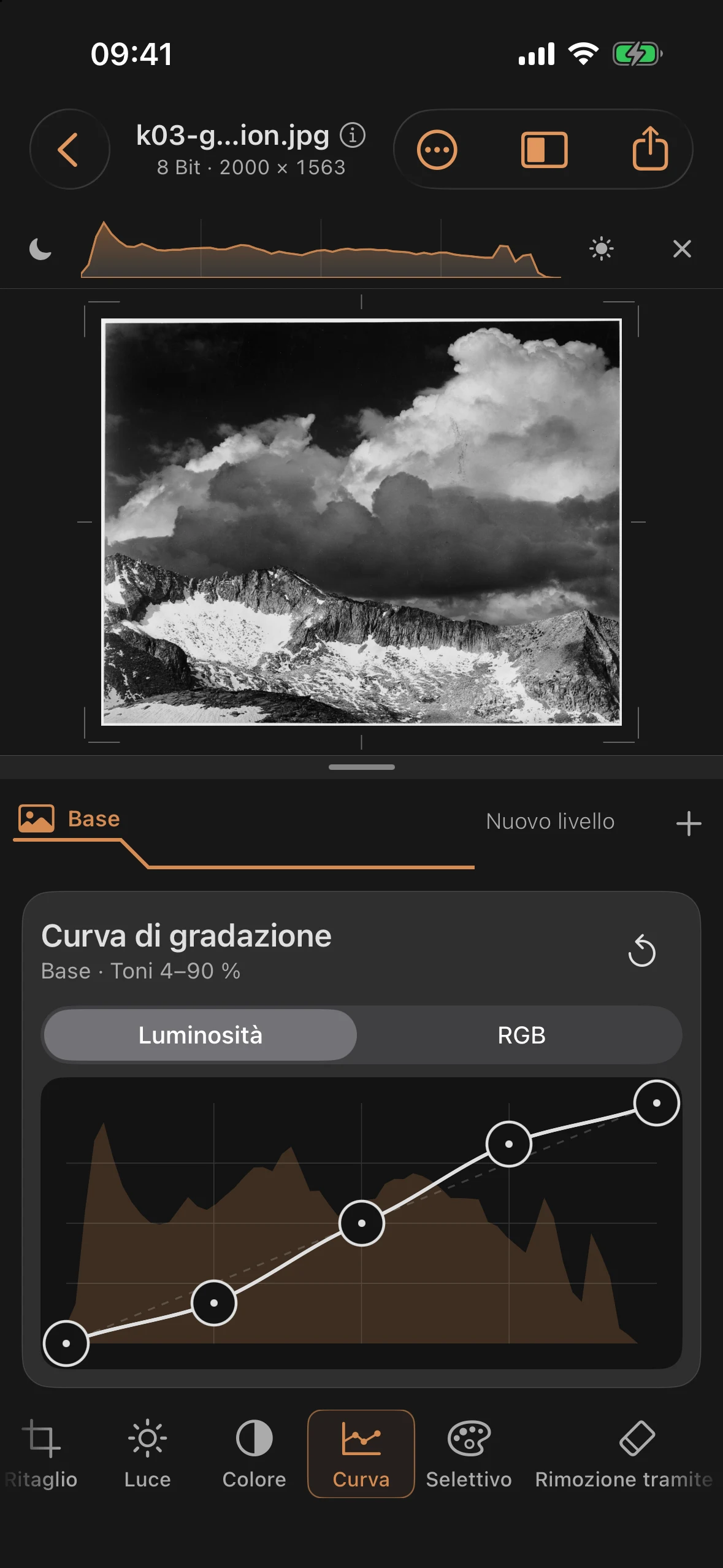 Curva di gradazione a forma di S con il quarto di tono abbassato e il tre quarti di tono alzato