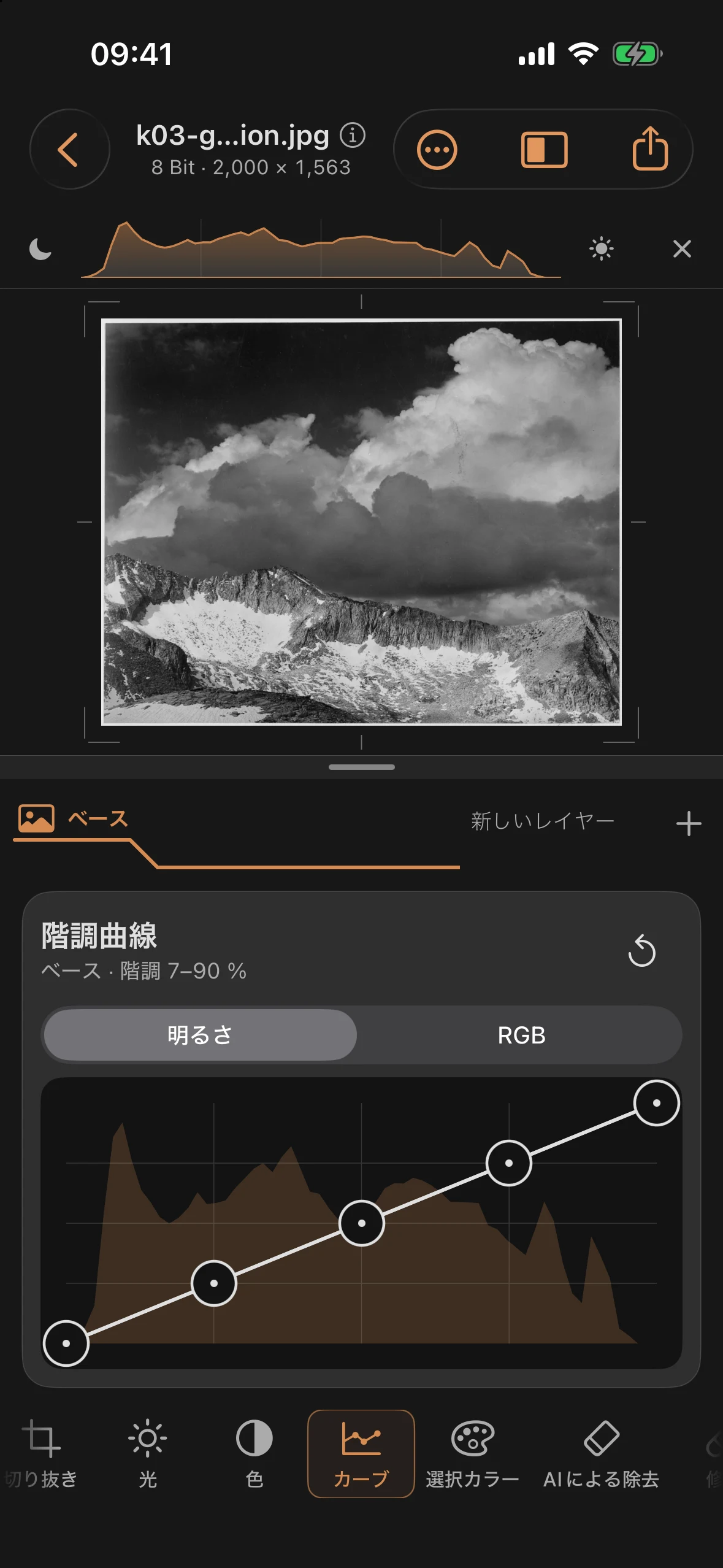 中立な対角線を持つカーブツールと、カーブの背後に表示されるヒストグラム