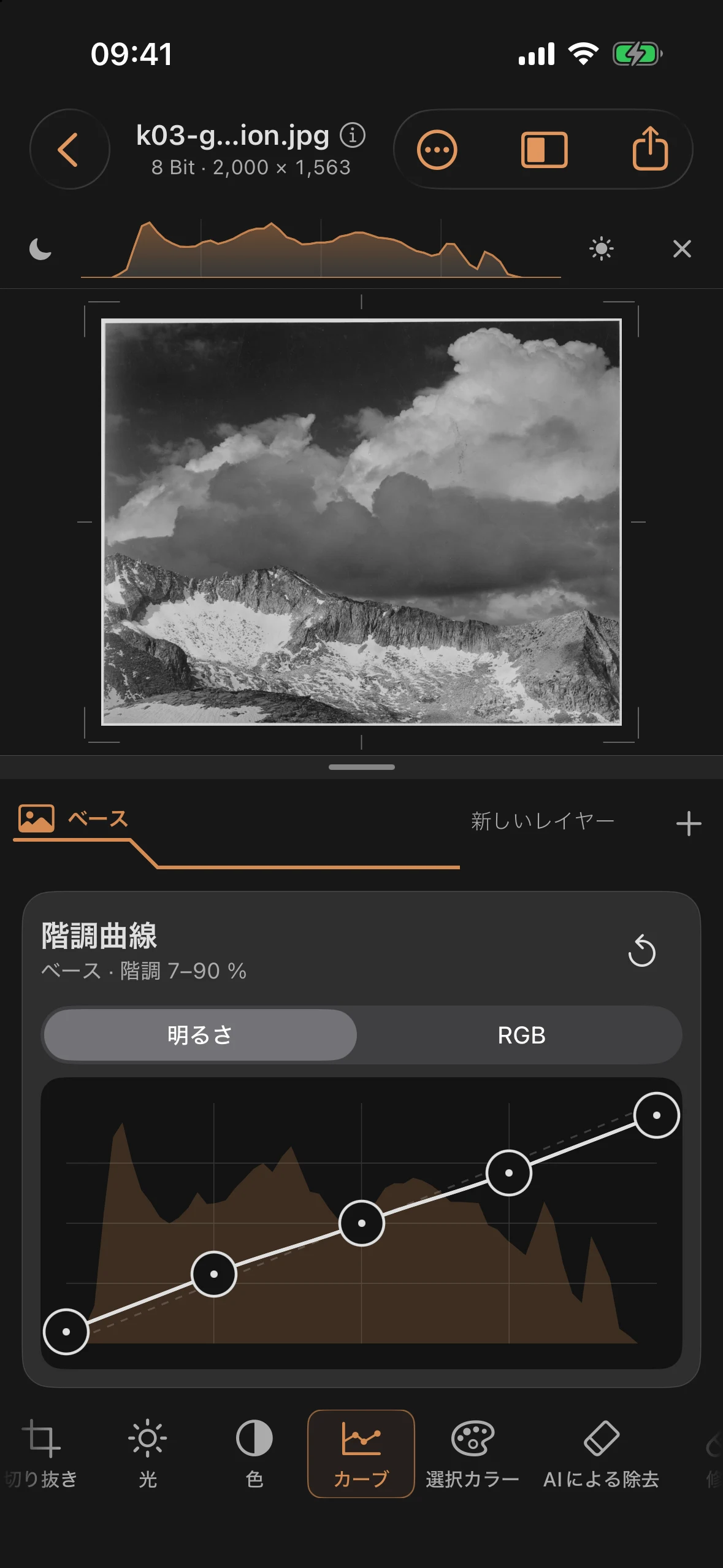 階調曲線の画角が広すぎるため、画像がぼやけて灰色っぽく見える