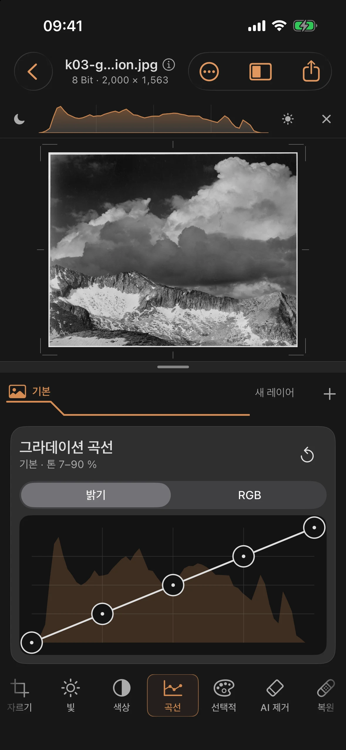 중립 대각선을 가진 곡선 도구와 곡선 뒤의 히스토그램