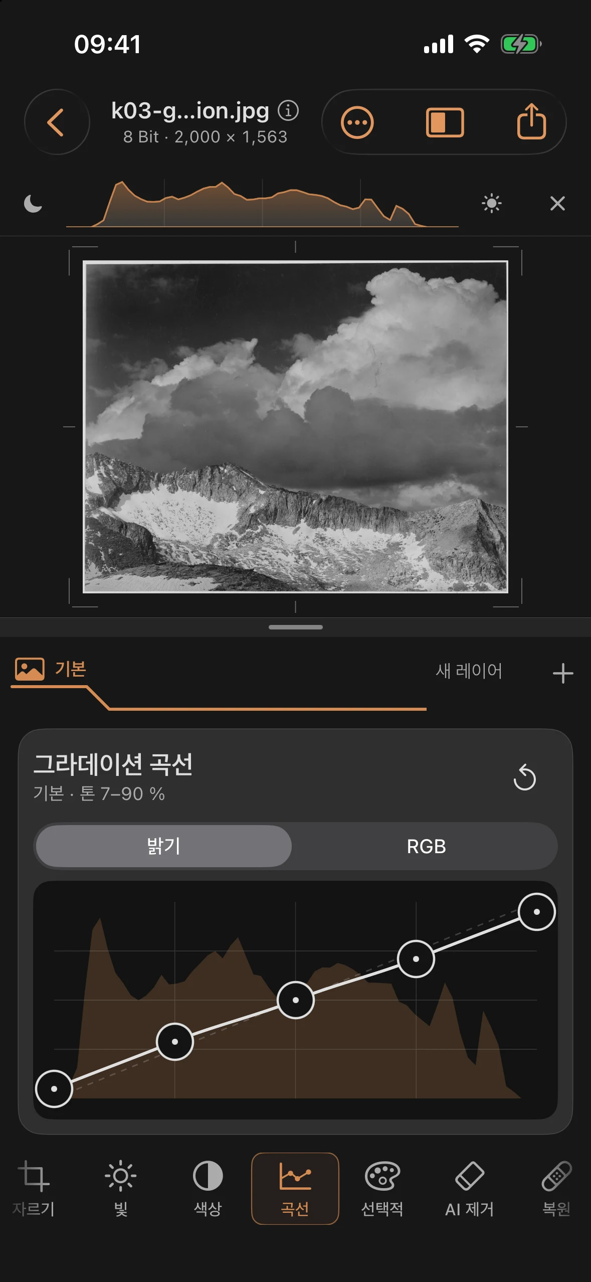 그라데이션 곡선의 화면이 평평해져, 화면이 흐릿하고 회색빛으로 보인다