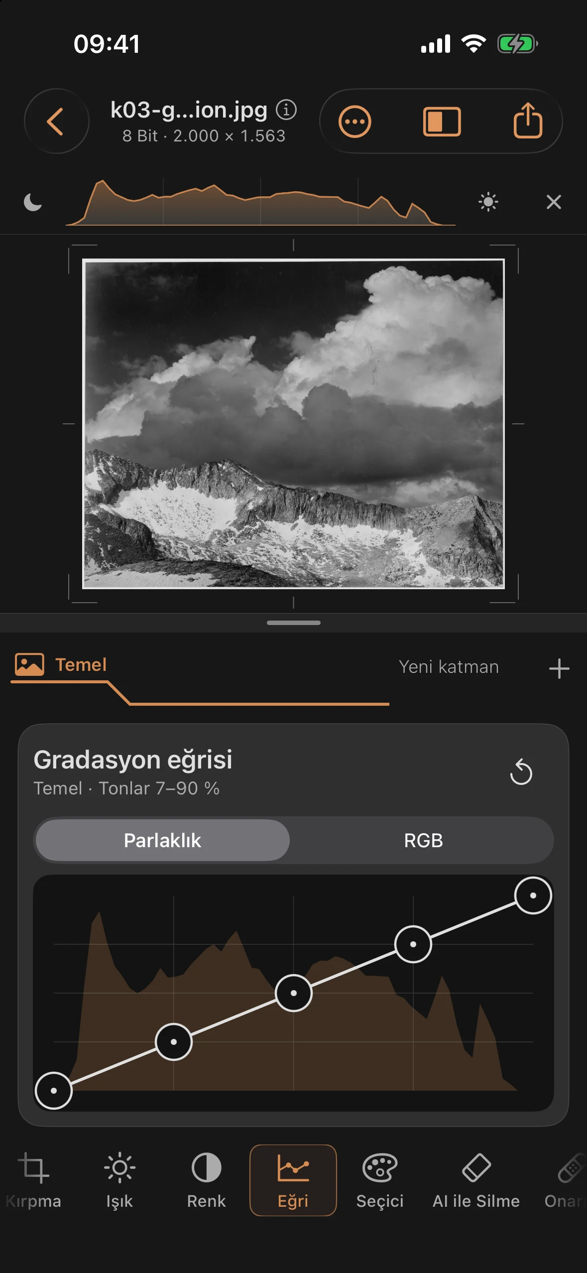 Nötr diyagonal ve eğrinin arkasında histogram bulunan eğri aracı