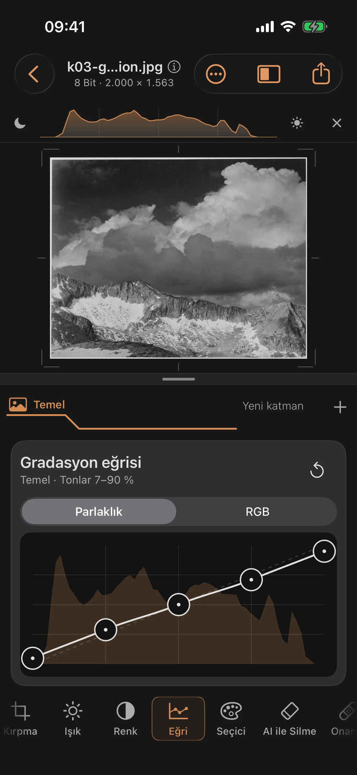 Gradasyon eğrisi'in görüntüsü soluk ve gri görünüyor