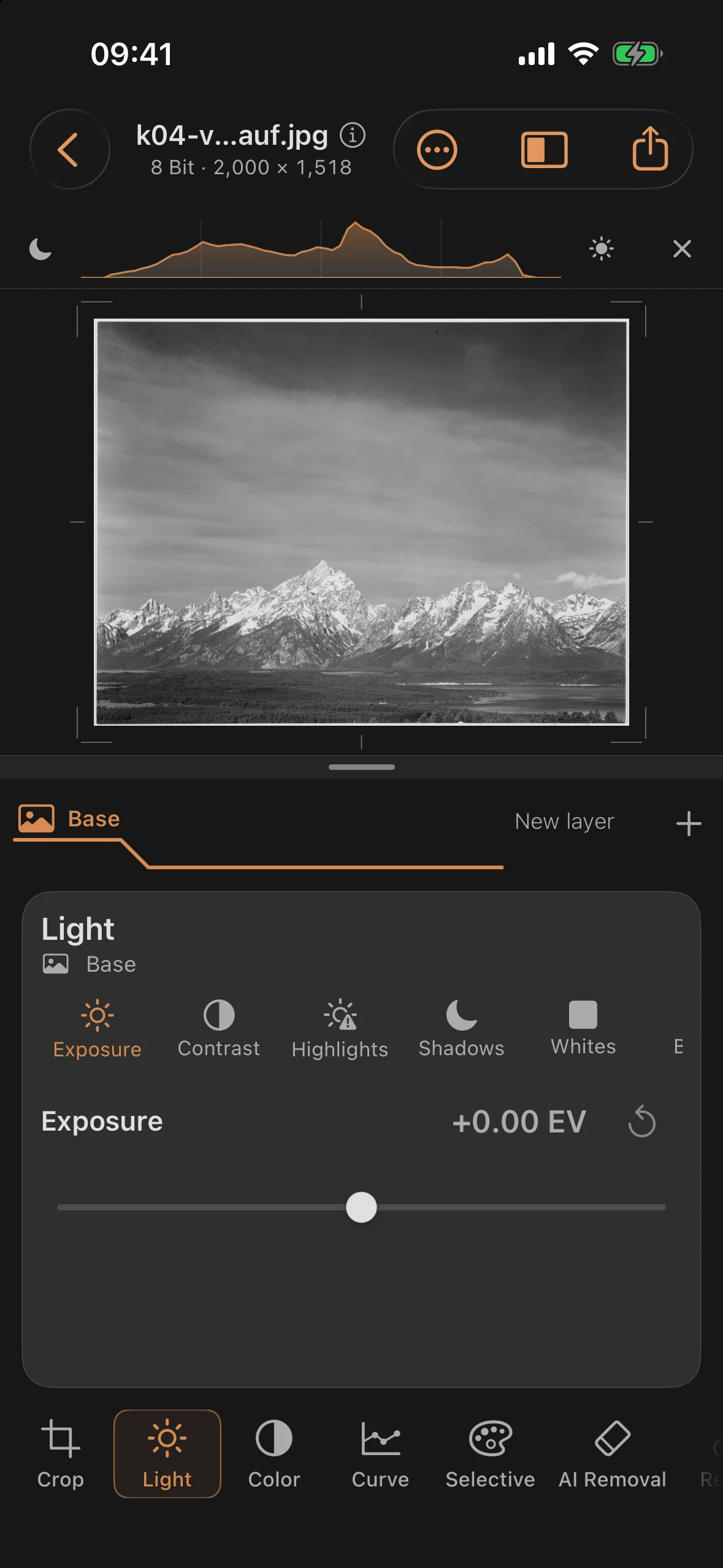 Teton panorama from Signal Mountain with a pale sky, unedited in Mobile Darkroom