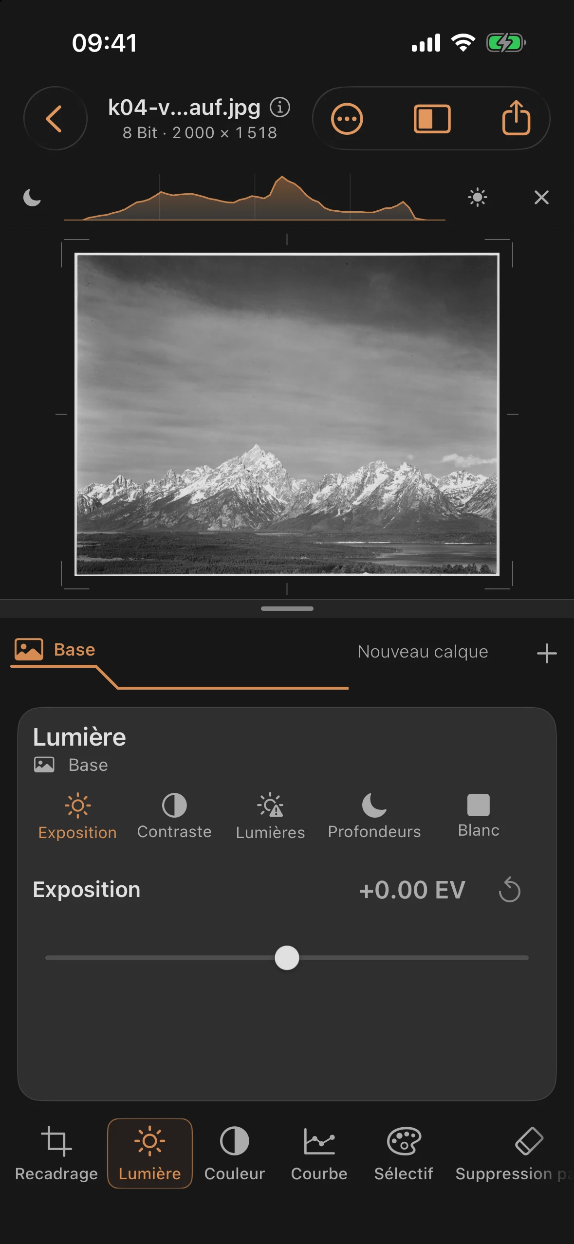 Panorama de Teton depuis Signal Mountain avec un ciel pâle, non retouché dans Mobile Darkroom