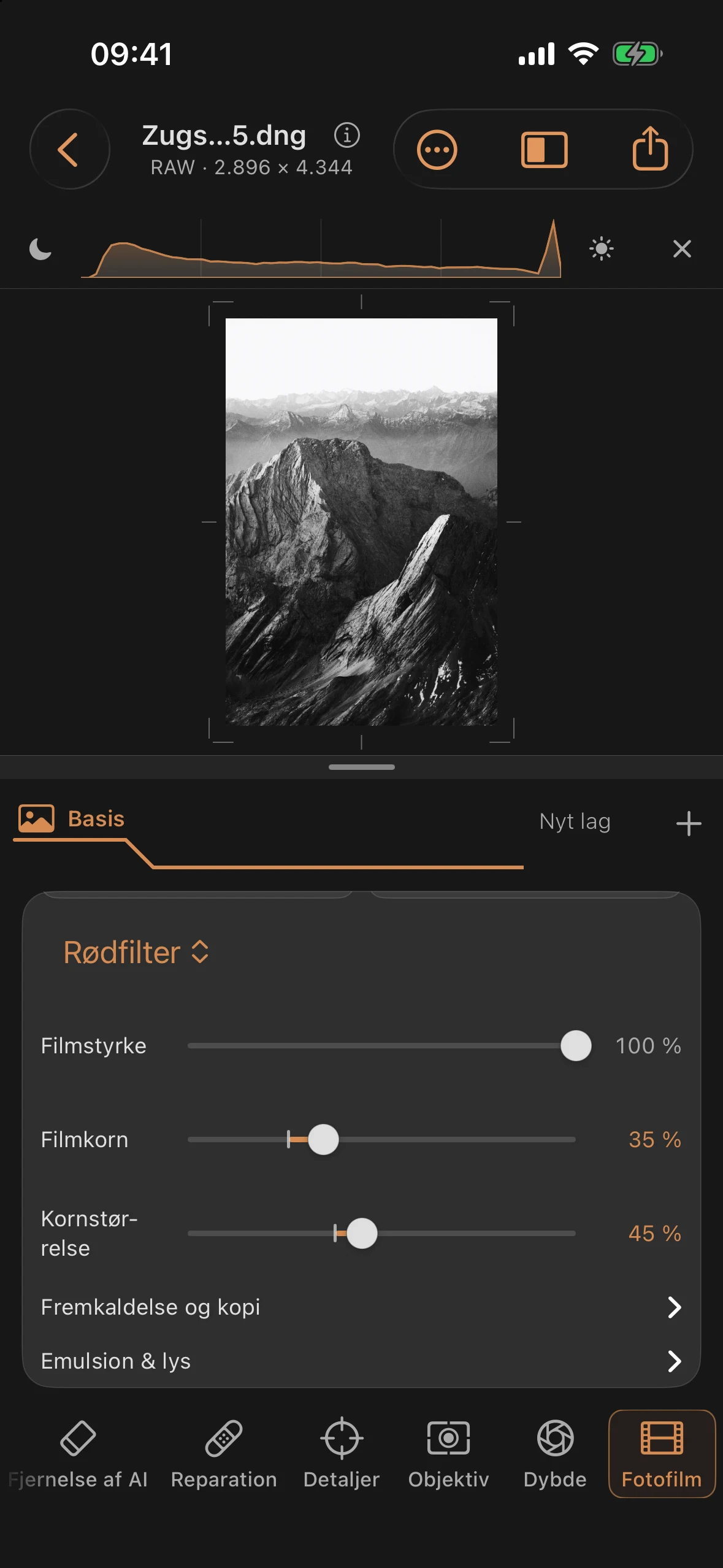 Sort-hvid-version af Zugspitze med »Mono 400«, rødt filter, kontrastrigt fotokopier og filmkorn