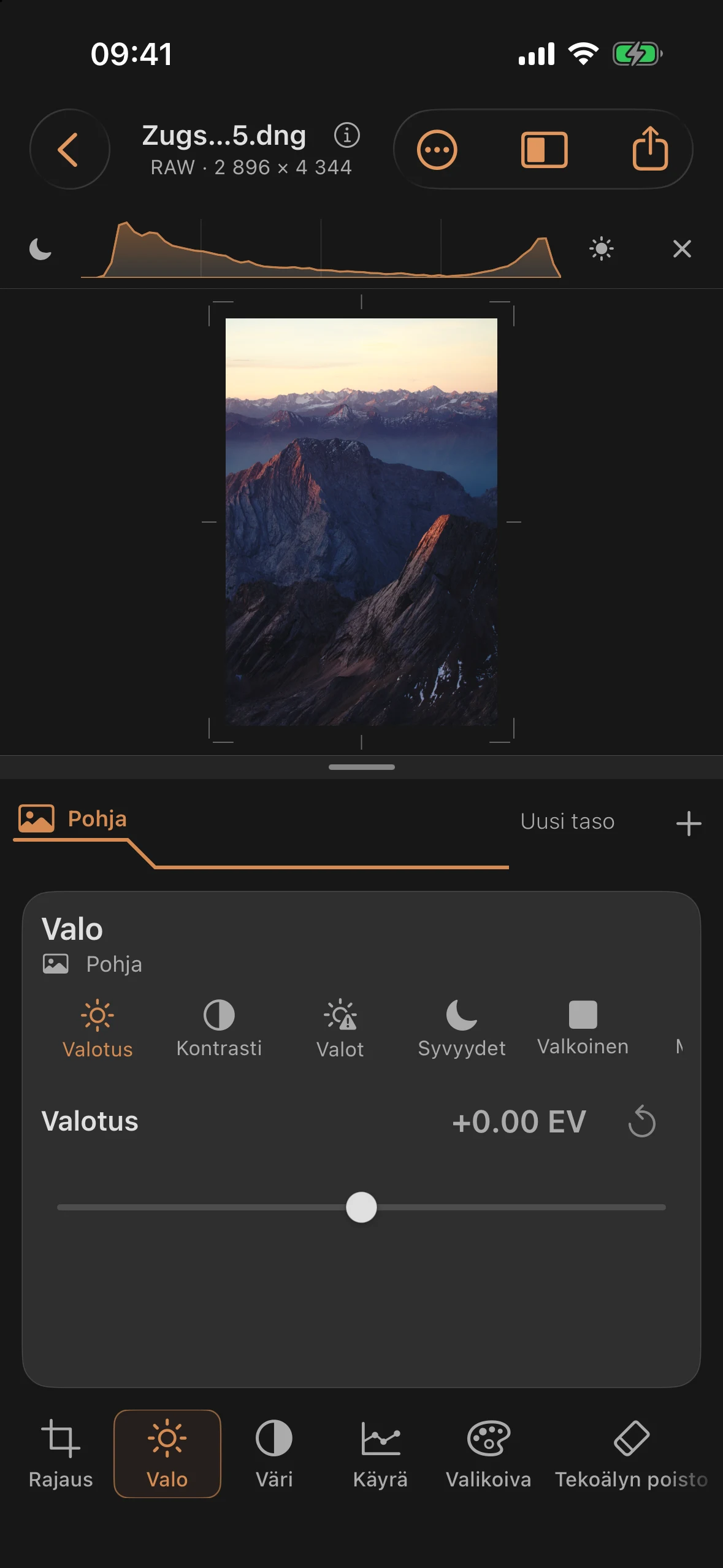 Värillinen iltakuvausesimerkki Zugspitzestä, käsittelemätön Mobile Darkroomissa