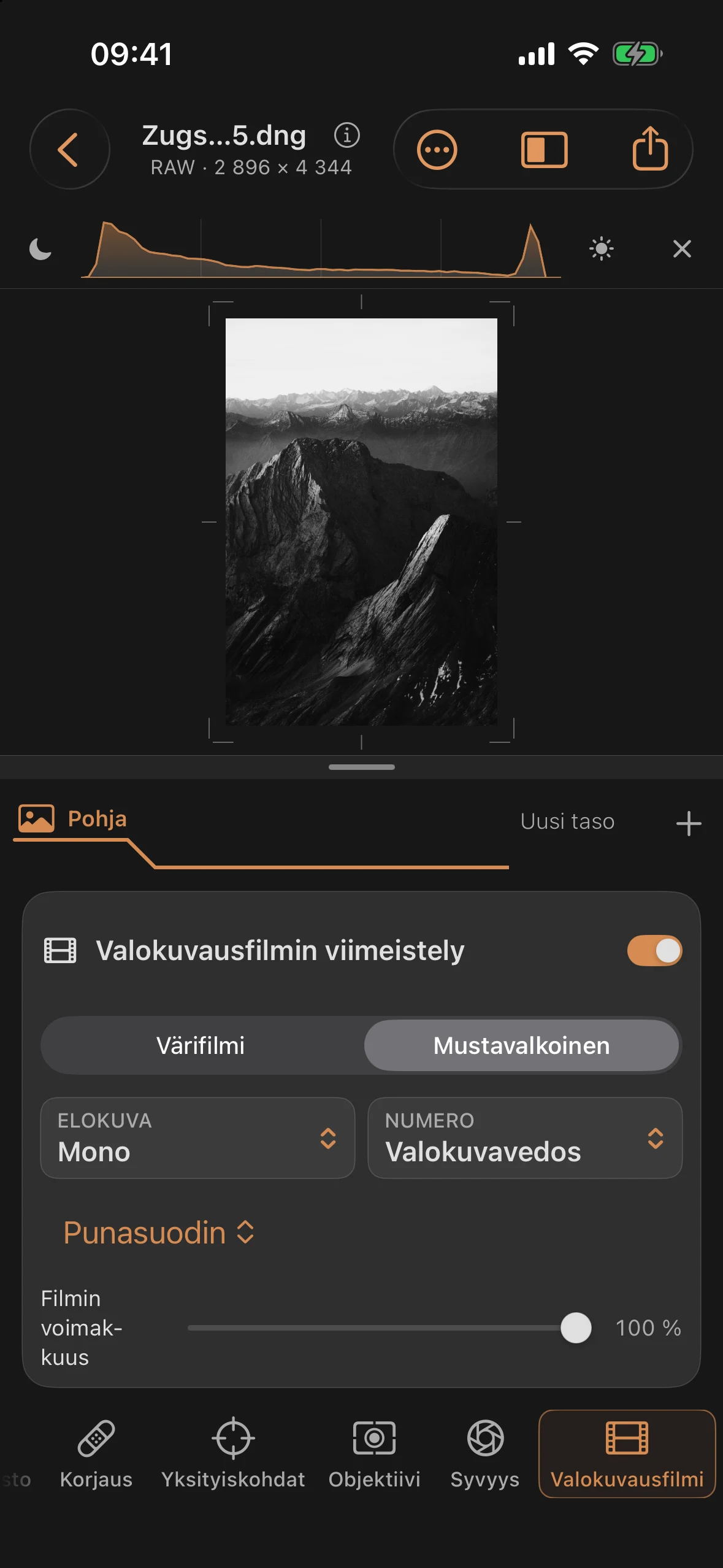 Mono 400- ja valikoitu punasuodatin sisältävä valokuvausväline: lämmin valo erottuu tummemmista varjoista