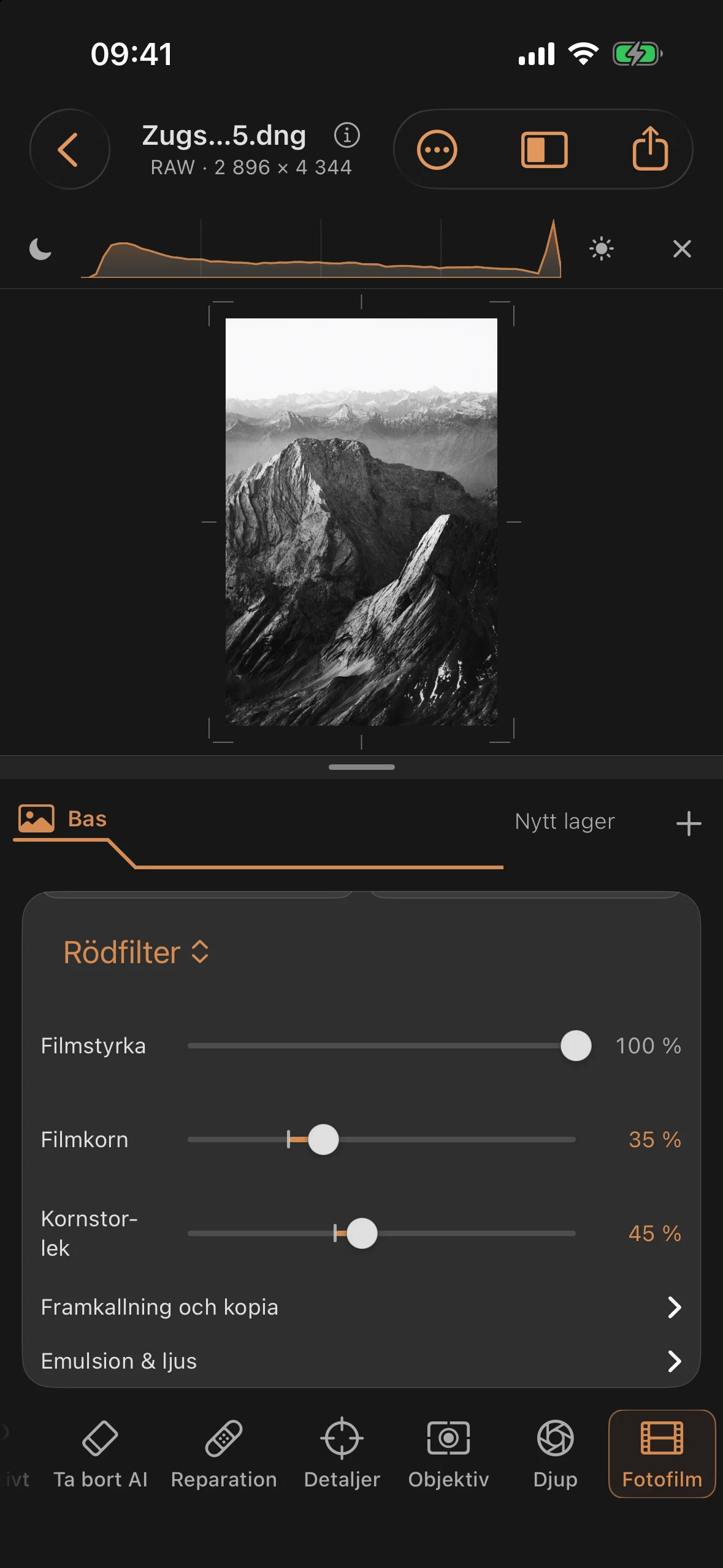 Svartvit bild av Zugspitze med ”Mono 400”, rött filter, kontrastrik fotoutskrift och filmkorn