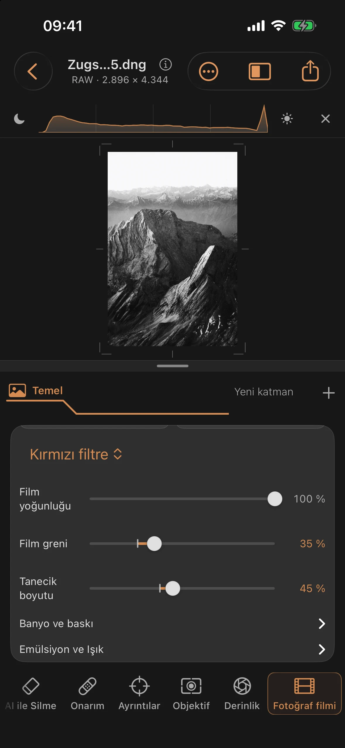 Mono 400 lens, kırmızı filtre, kontrastı yüksek fotoğraf baskısı ve film greniyle çekilmiş Zugspitze’nin siyah-beyaz versiyonu