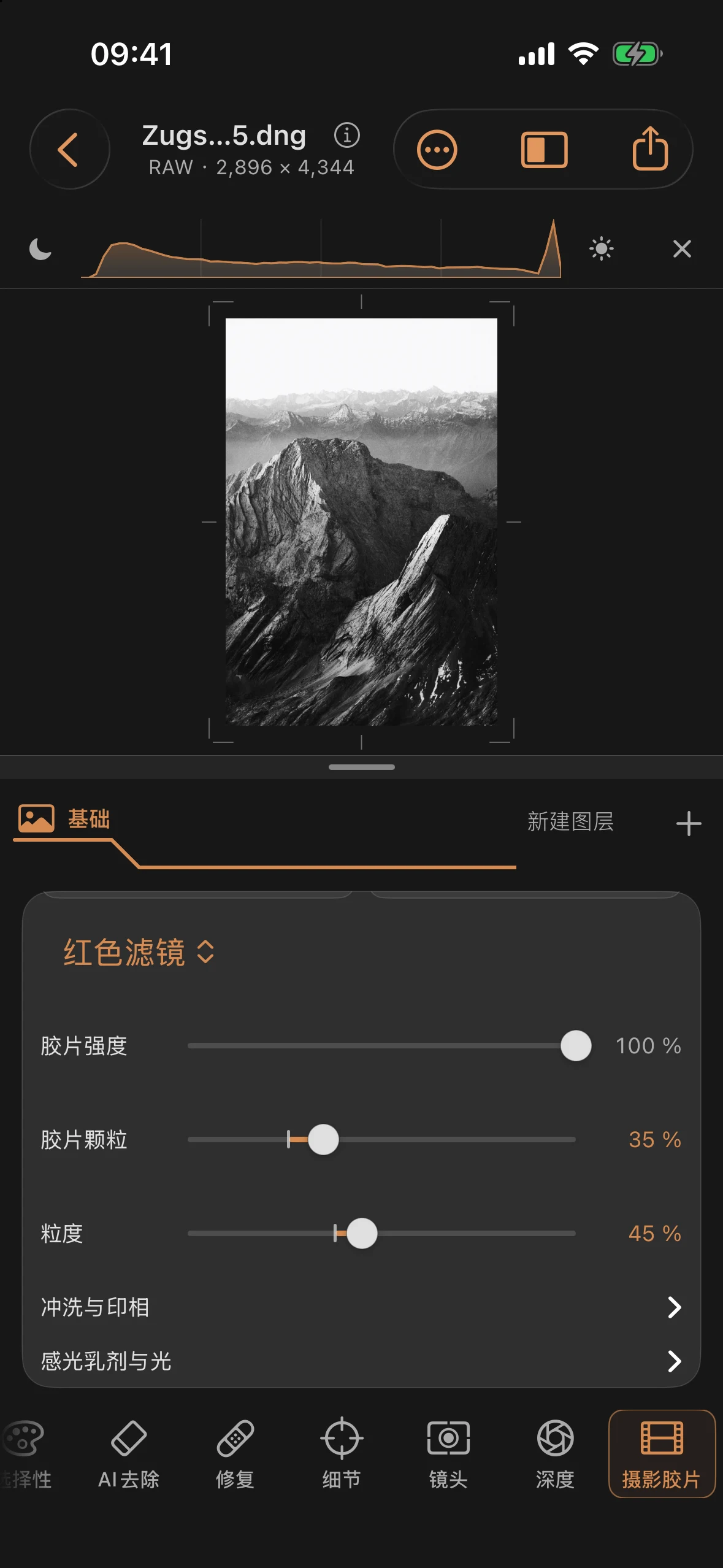 楚格峰的黑白版本,采用Mono 400镜头、红色滤镜、高对比度照片冲印及胶片颗粒效果