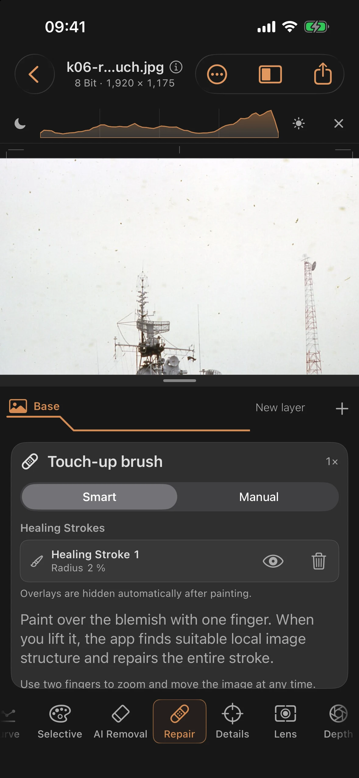 Repair tool in Smart mode after removing the curved dust fiber from the sky