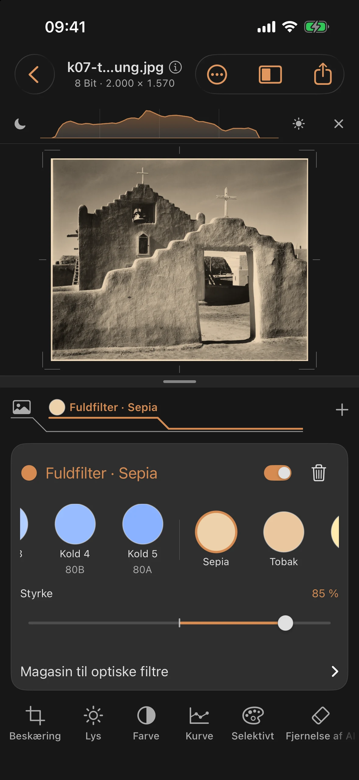 Sepia-fuldfilter med styrke 85 procent på Taos-motivet