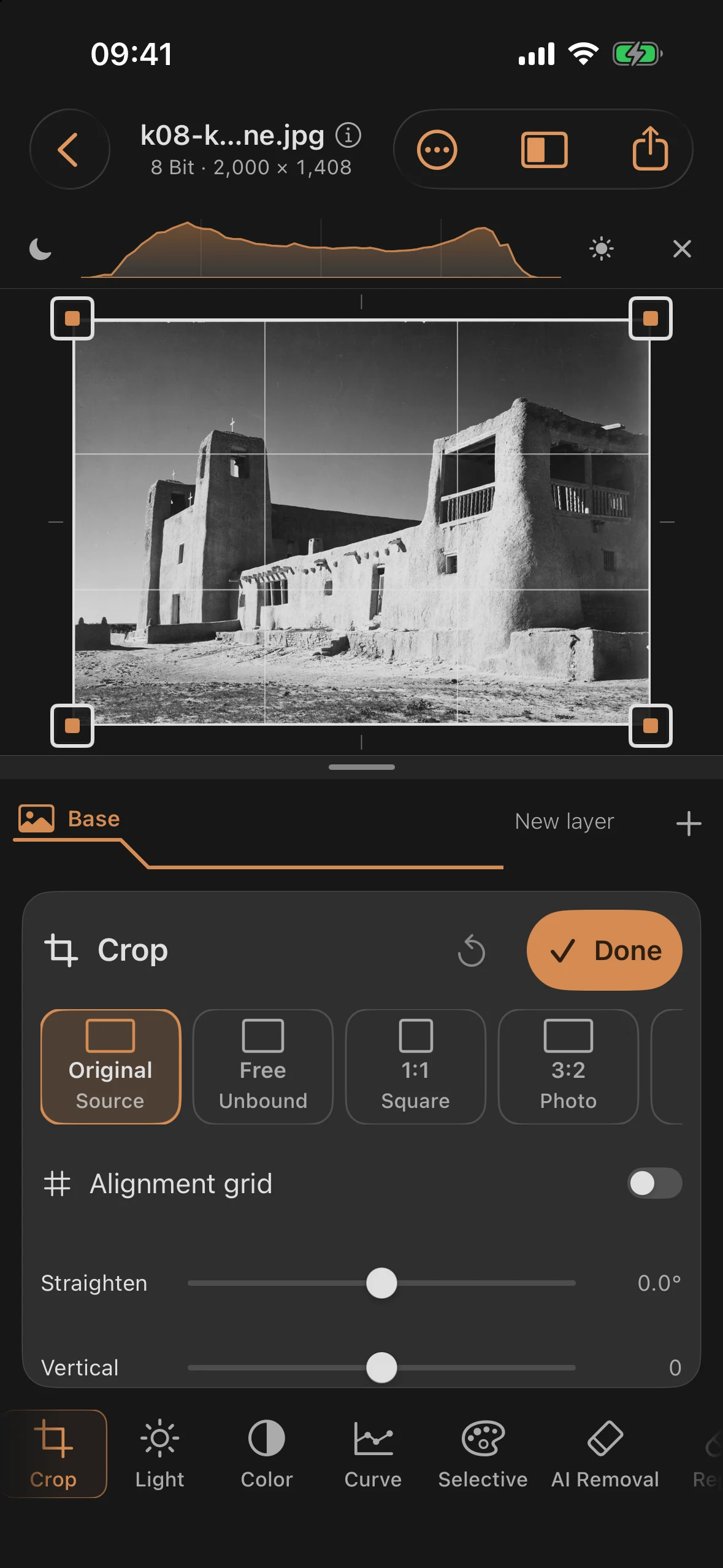 Acoma mission church in the Crop tool, tower edges visibly leaning inward
