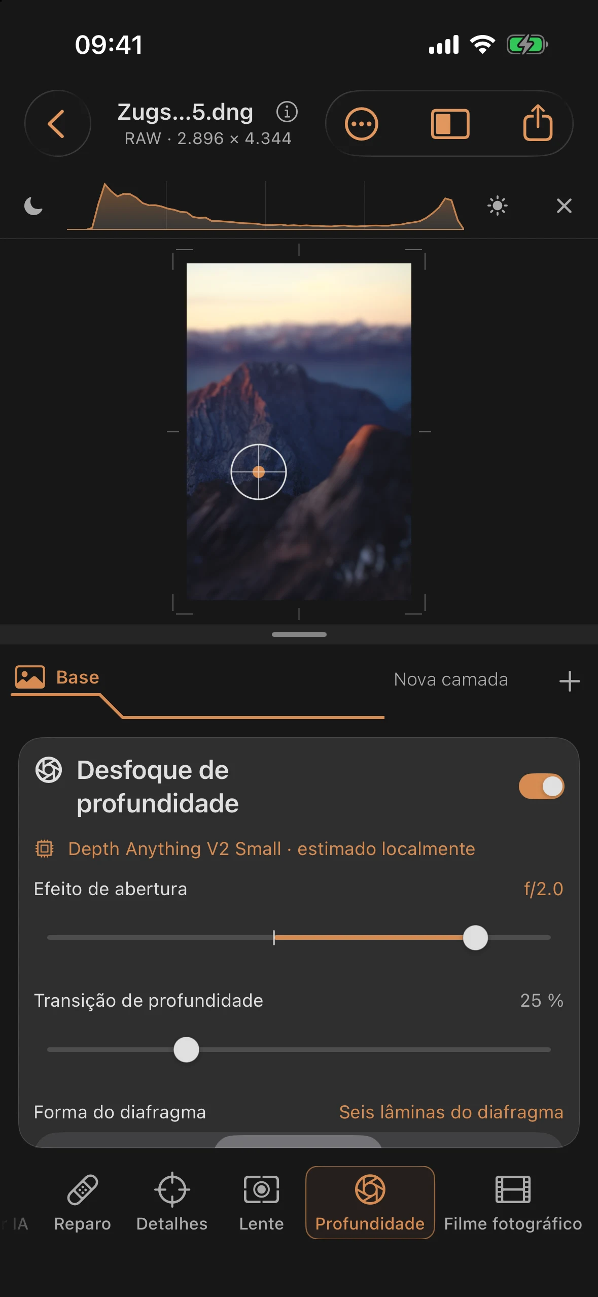Bokeh de profundidade com estimativa de profundidade por IA, ponto de foco no objeto, abertura f/2,0