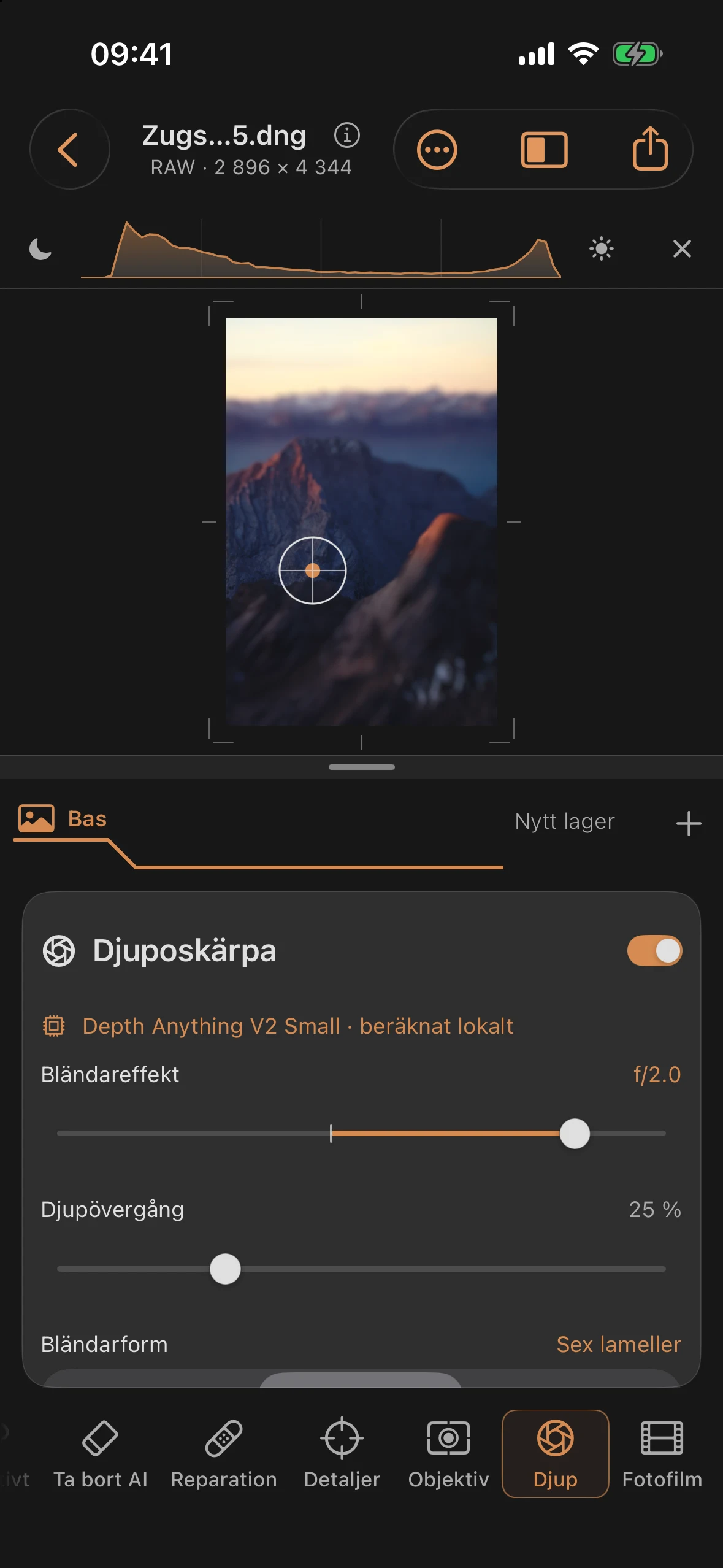 Djupbokeh med AI-djupuppskattning, fokuspunkt på motivet, bländare f/2,0