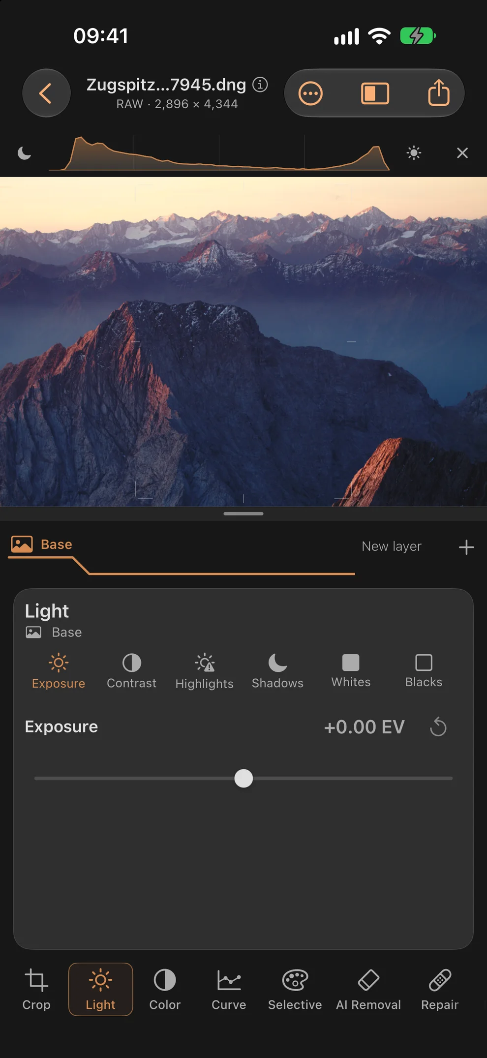 Light, with a live histogram · iPhone