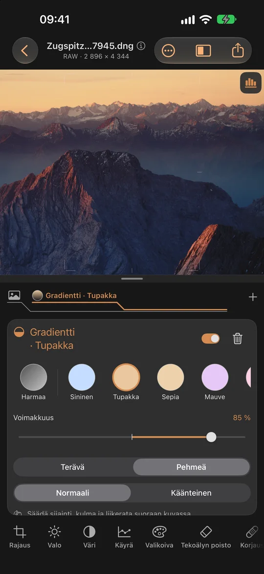 Valittavissa olevat gradientti- ja värisuodattimet · iPhone