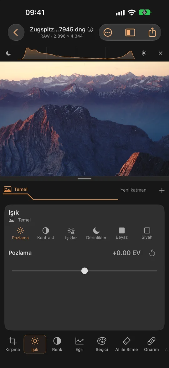 Odak noktasında ışık. Histogram da mevcut. · iPhone